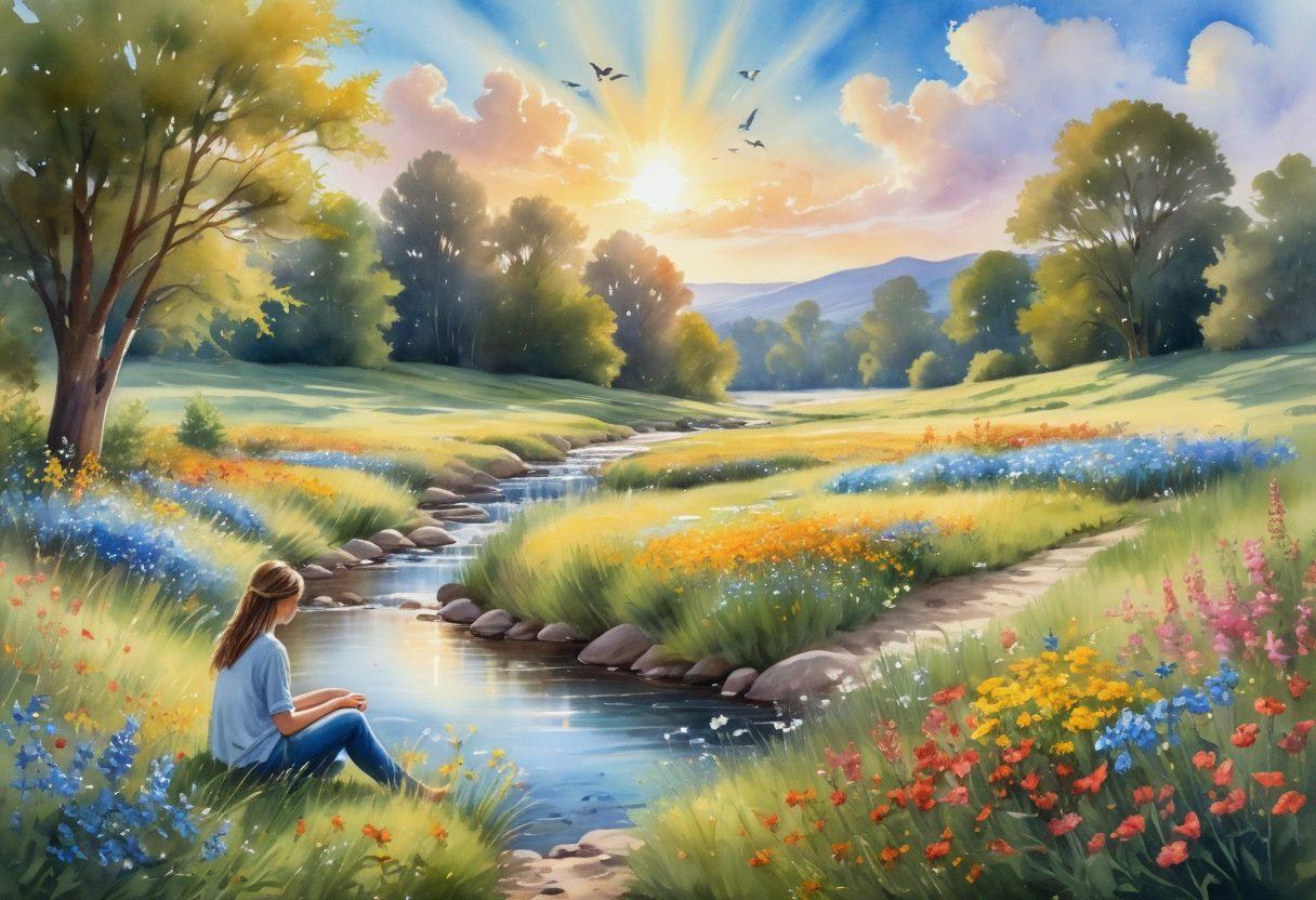 A serene landscape featuring a sunlit meadow with colorful wildflowers and a gentle stream flowing through it. In the foreground, a person practicing mindfulness sits peacefully, surrounded by butterflies and birds. The sky is bright blue with fluffy white clouds, symbolizing cheerfulness and tranquility. Soft golden sunlight bathes the scene, creating a warm, inviting atmosphere. watercolor painting. vibrant colors.