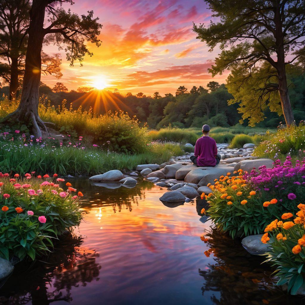 A serene landscape depicting a person meditating under a vibrant sunset, surrounded by glowing orbs of light symbolizing positive energy. In the foreground, a gentle stream flows with colorful flowers blooming along its banks, representing gratitude. The scene exudes tranquility and upliftment, inviting viewers to reflect on their mindset. surrealism. vibrant colors. soft focus.