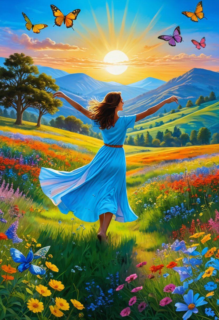 A serene landscape featuring a sun-drenched meadow filled with colorful wildflowers, with a joyful person dancing in the center, radiating positive energy. In the background, gentle hills roll under a bright blue sky, symbolizing growth and contentment. Bright butterflies and birds are fluttering around, emphasizing the essence of bliss and joy. super-realistic. vibrant colors. peaceful ambiance.